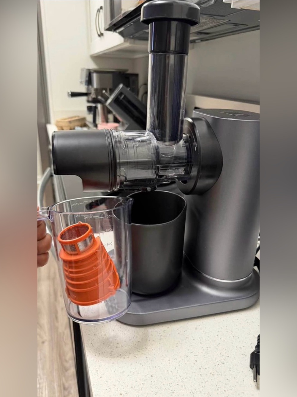 Ninja no clog Cold Press Juicer Attachment in Gray with Orange Filter used twice